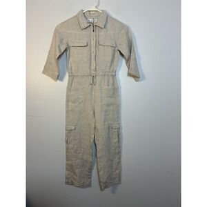 Zara Linen Blend Jumpsuit‎ Girls Sz 6 Oatmeal Button Front Long Sleeve